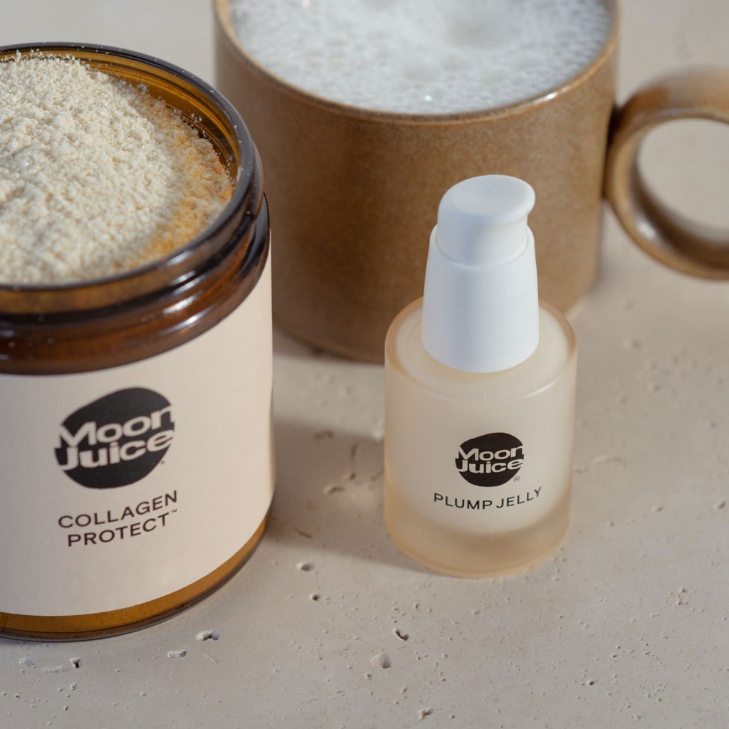 A close-up photo of Moon Juice’s Collagen Protect adaptogenic powder supplement and Plump Jelly skincare product.