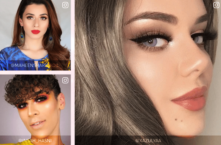 Various influencers show off makeup looks featuring their favorite Huda Beauty products in tutorials featured on the brand’s website.