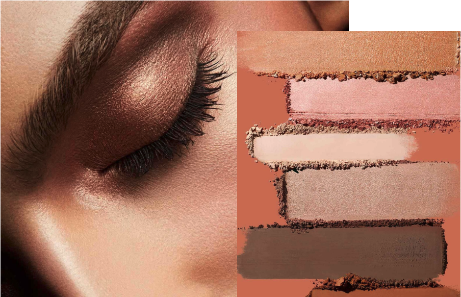 A close-up shot of an eye makeup look and swatches created with Fenty Beauty’s new Snap Shadows Mix & Match Eyeshadow Palettes.