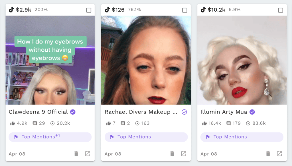 A screenshot of Tribe Dynamics’ TikTok content tracking tool featuring posts from @clawdeena and @illumin_arty.