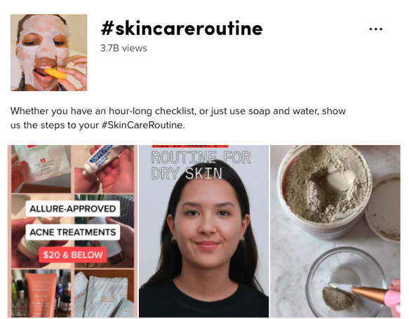 Three TikTok posts tagged with #skincareroutine.