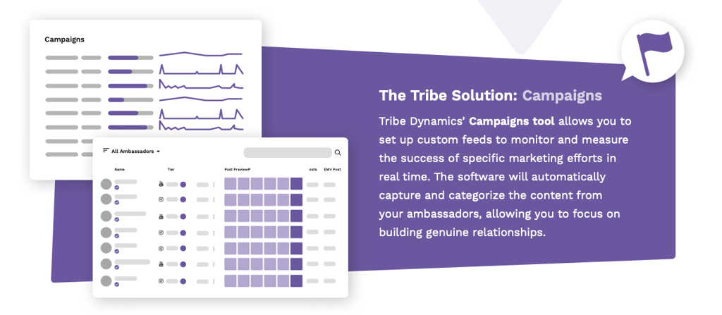 An infographic showcasing the Campaign feature in Tribe Dynamics' influencer marketing software which allows you to set up custom feeds to monitor and measure marketing efforts.