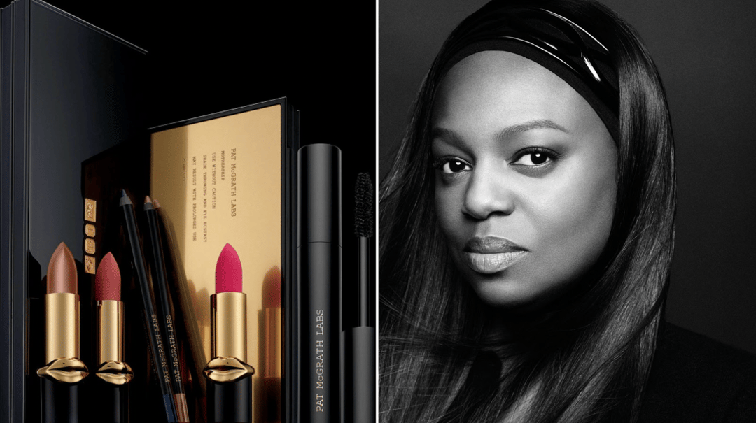 A portrait of U.K. makeup artist Pat McGrath next to a close-up of Pat McGrath Labs products.