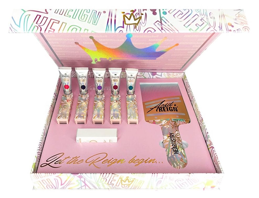 Five shades of P. Louise Makeup Academy’s Acid Reign cosmetic paints are displayed in an open box.