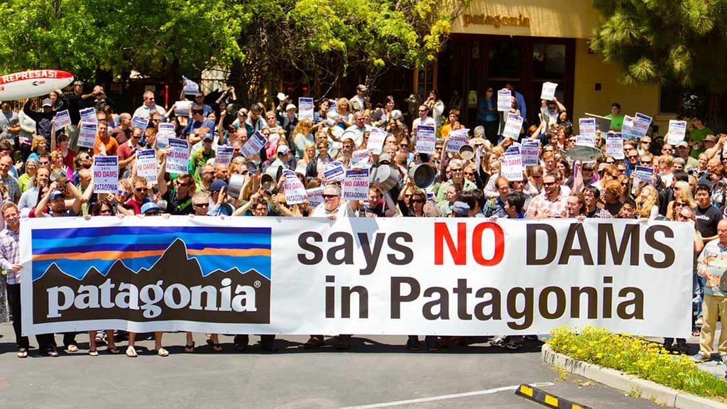 Patagonia employees protest with a sign that reads “Patagonia says no dams in Patagonia.”