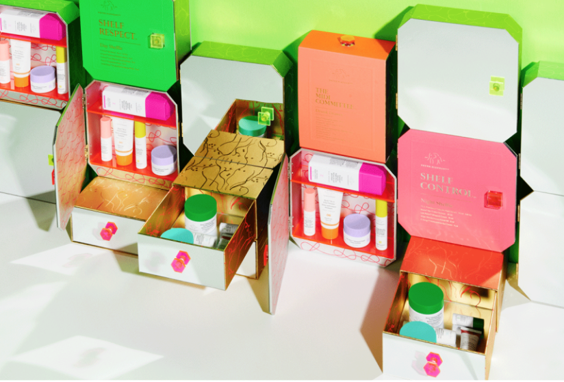A brightly colored image of various Drunk Elephant products, demonstrating the aesthetic that makes the brand popular in “shelfie” influencer posts.