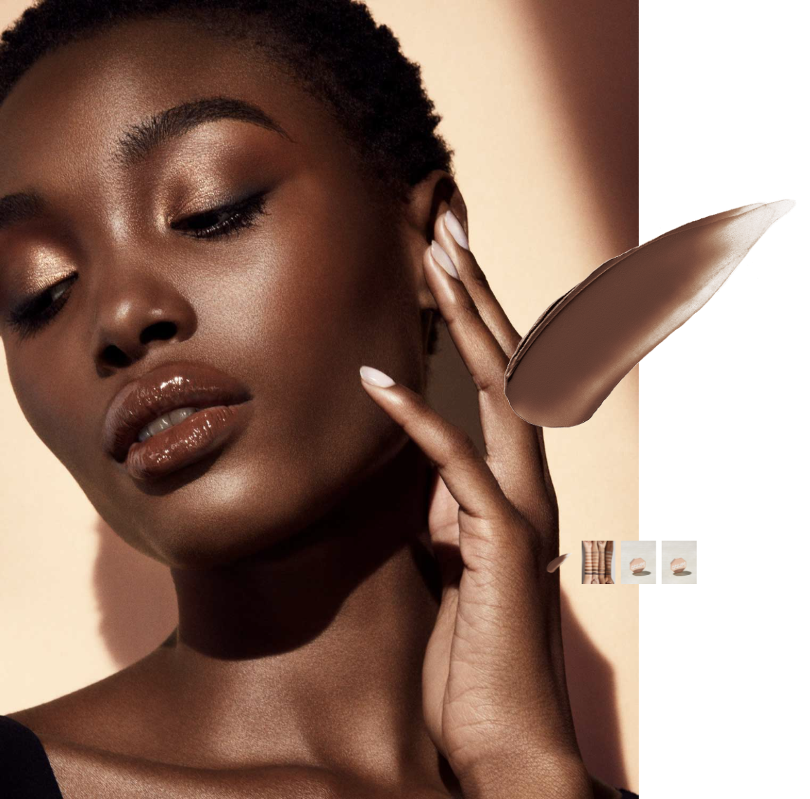 An advertisement for Fenty Beauty’s Cheeks Out Freestyle Cream Bronzer in the shade “Chocolate,” featuring a close-up of a model wearing the product.