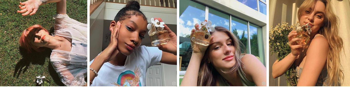 Four images featuring Gen Z influencers holding Marc Jacobs’ Daisy perfume bottles.