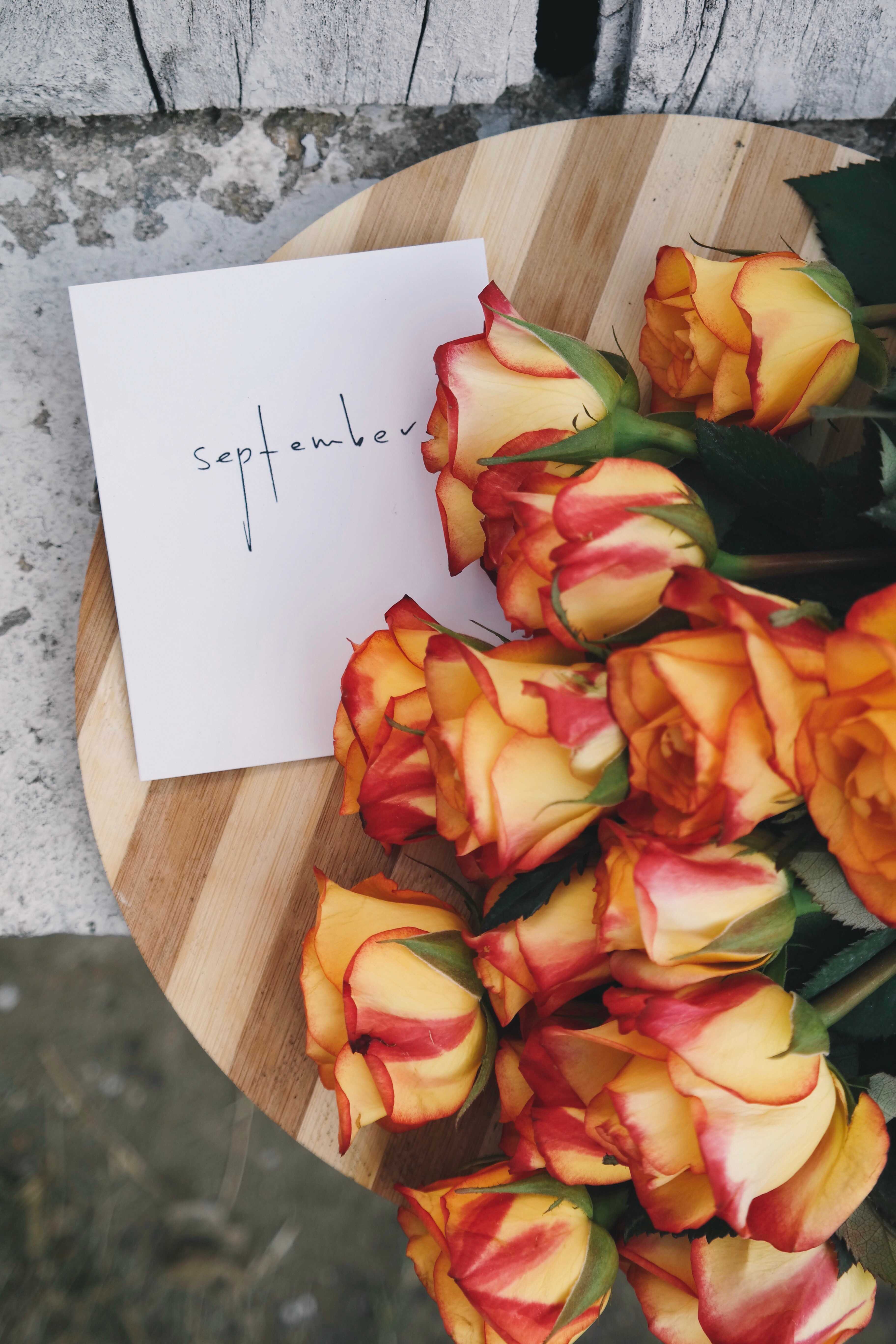 A flat-lay photo of peach-colored roses and a card with “September” handwritten on the envelope. 