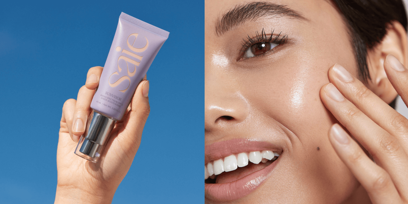 Side-by-side images of clean beauty brand Saie’s Sunvisor tinted SPF moisturizer, and a model wearing the Sunvisor product.
