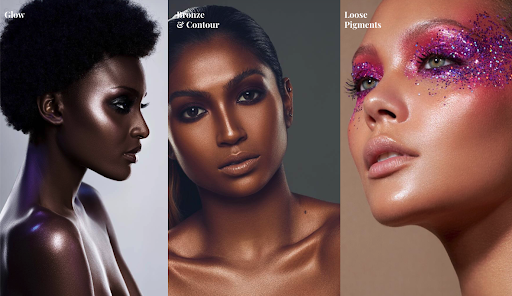 An advertisement for Danessa Myricks Beauty featuring close-ups of three models’ radiant skin. 